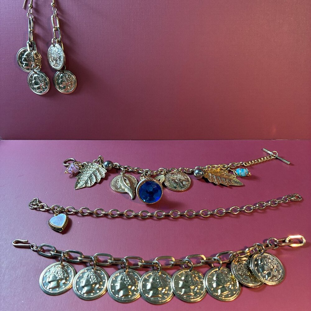 Vintage Bracelets Lot Coins Gypsy comes with Earrings & Heart Locket Mini